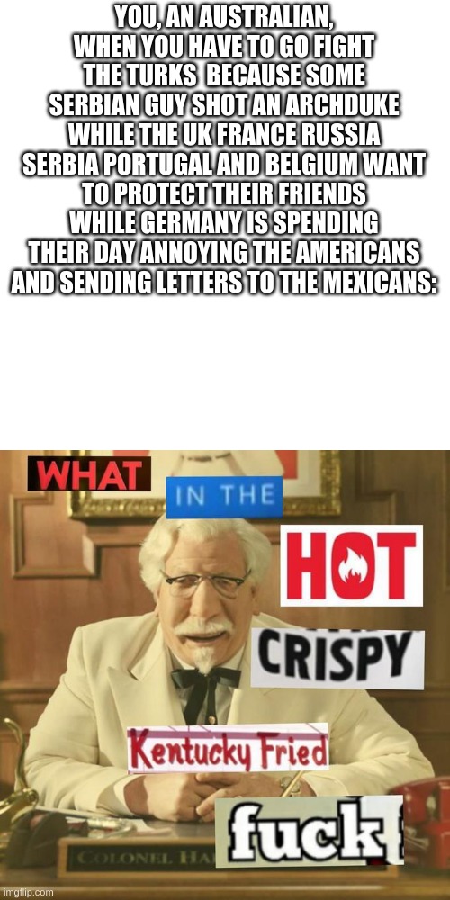 what | YOU, AN AUSTRALIAN, WHEN YOU HAVE TO GO FIGHT THE TURKS  BECAUSE SOME SERBIAN GUY SHOT AN ARCHDUKE WHILE THE UK FRANCE RUSSIA SERBIA PORTUGAL AND BELGIUM WANT TO PROTECT THEIR FRIENDS WHILE GERMANY IS SPENDING THEIR DAY ANNOYING THE AMERICANS AND SENDING LETTERS TO THE MEXICANS: | image tagged in what in the hot crispy kentucky fried frick | made w/ Imgflip meme maker