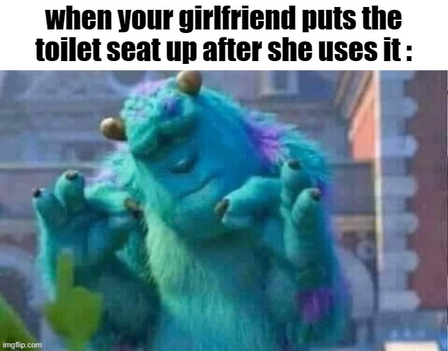 wait hold up- | when your girlfriend puts the toilet seat up after she uses it : | image tagged in sully shutdown | made w/ Imgflip meme maker