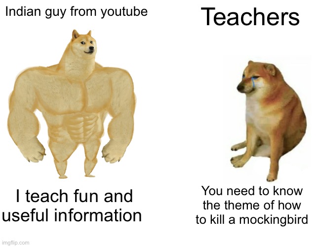 Buff Doge vs. Cheems | Indian guy from youtube; Teachers; I teach fun and useful information; You need to know the theme of how to kill a mockingbird | image tagged in memes,buff doge vs cheems,indian guy | made w/ Imgflip meme maker
