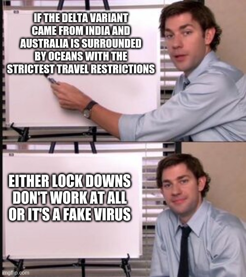 The Office guy pointing to white board | IF THE DELTA VARIANT CAME FROM INDIA AND AUSTRALIA IS SURROUNDED BY OCEANS WITH THE STRICTEST TRAVEL RESTRICTIONS; EITHER LOCK DOWNS DON'T WORK AT ALL OR IT'S A FAKE VIRUS | image tagged in the office guy pointing to white board | made w/ Imgflip meme maker