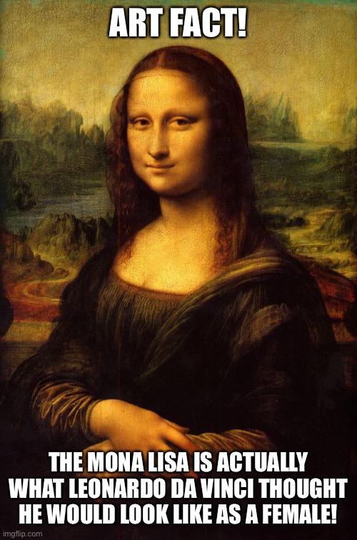 Wyep | ART FACT! THE MONA LISA IS ACTUALLY WHAT LEONARDO DA VINCI THOUGHT HE WOULD LOOK LIKE AS A FEMALE! | image tagged in the mona lisa | made w/ Imgflip meme maker
