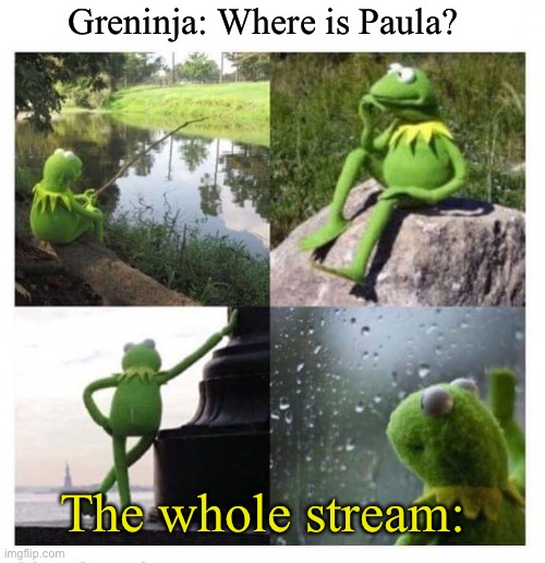 Pretty sure they know already after some explaining in the comments | Greninja: Where is Paula? The whole stream: | image tagged in kermit ptsd | made w/ Imgflip meme maker