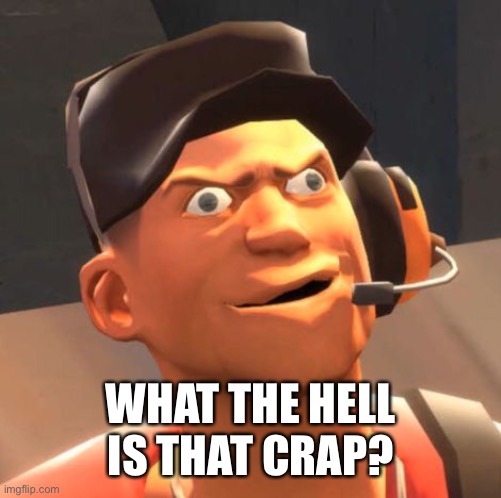 TF2 Scout | WHAT THE HELL IS THAT CRAP? | image tagged in tf2 scout | made w/ Imgflip meme maker
