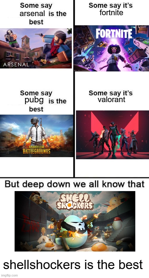 shellshockers is safe, barely any toxic people, yeah its the best | fortnite; arsenal; pubg; valorant; shellshockers is the best | image tagged in deep down we all know that 4 panel is the best | made w/ Imgflip meme maker