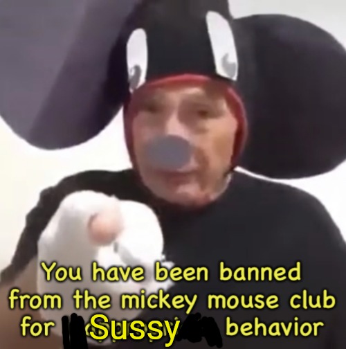 Banned From The Mickey Mouse Club | Sussy | image tagged in banned from the mickey mouse club | made w/ Imgflip meme maker