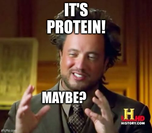 Ancient Aliens Meme | IT'S
PROTEIN! MAYBE? | image tagged in memes,ancient aliens | made w/ Imgflip meme maker