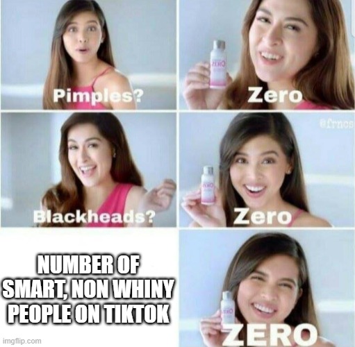 Pimples, Zero! | NUMBER OF SMART, NON WHINY PEOPLE ON TIKTOK | image tagged in pimples zero | made w/ Imgflip meme maker