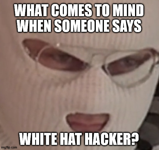 well I’m f$@*ed | WHAT COMES TO MIND
WHEN SOMEONE SAYS; WHITE HAT HACKER? | image tagged in well i m f ed | made w/ Imgflip meme maker