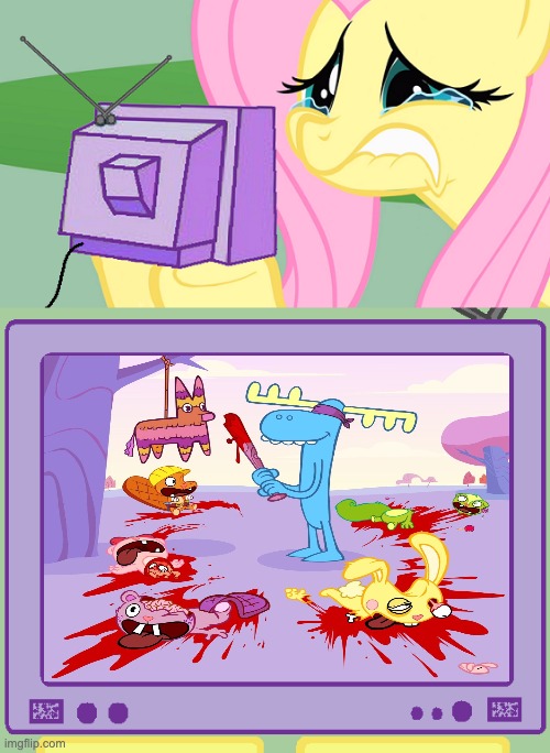 Fluttershy watches Happy Tree Friends | image tagged in htf,fluttershy | made w/ Imgflip meme maker