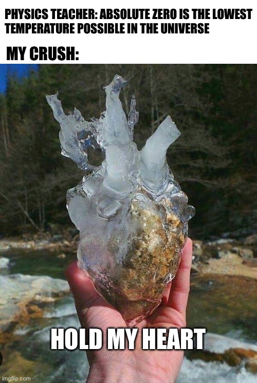 ICE HEART | PHYSICS TEACHER: ABSOLUTE ZERO IS THE LOWEST
TEMPERATURE POSSIBLE IN THE UNIVERSE; MY CRUSH:; HOLD MY HEART | image tagged in ice heart,physics,science | made w/ Imgflip meme maker