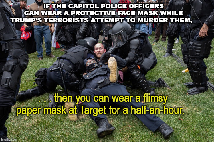 IF THE CAPITOL POLICE OFFICERS CAN WEAR A PROTECTIVE FACE MASK WHILE TRUMP'S TERRORISTS ATTEMPT TO MURDER THEM, . . . then you can wear a flimsy paper mask at Target for a half-an-hour. | made w/ Imgflip meme maker