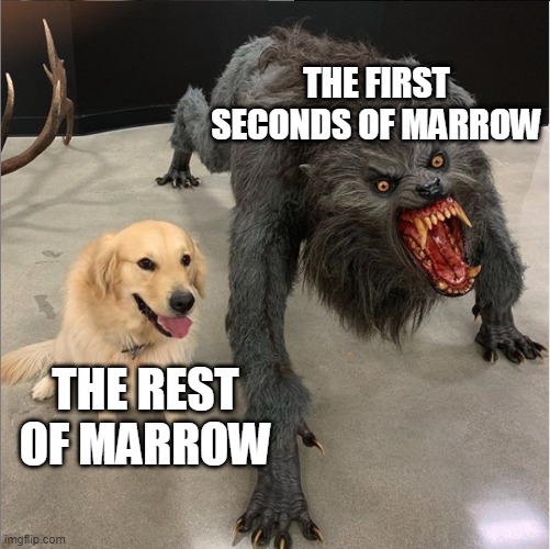 I'm talking about a FNF song | THE FIRST SECONDS OF MARROW; THE REST OF MARROW | image tagged in dog vs werewolf | made w/ Imgflip meme maker