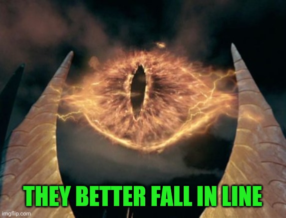 eye of sauron | THEY BETTER FALL IN LINE | image tagged in eye of sauron | made w/ Imgflip meme maker