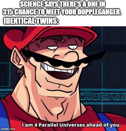 I Am 4 Parallel Universes Ahead Of You | SCIENCE SAYS THERE'S A ONE IN 315 CHANCE TO MEET YOUR DOPPLEGANGER. IDENTICAL TWINS: | image tagged in i am 4 parallel universes ahead of you | made w/ Imgflip meme maker