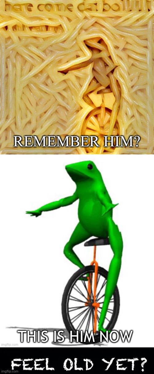 REMEMBER HIM? THIS IS HIM NOW; FEEL OLD YET? | image tagged in spaghetti frog,black background | made w/ Imgflip meme maker