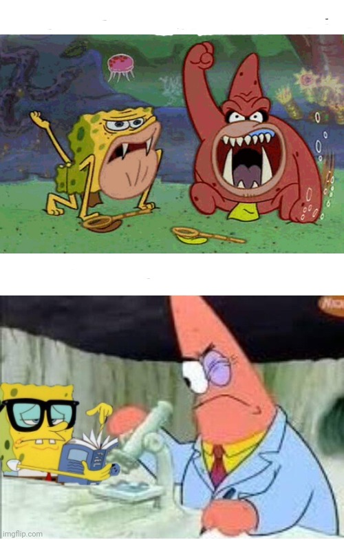 Spongegar and Patar VS. Scientist Patrick and Nerd Spongebob Blank Meme Template