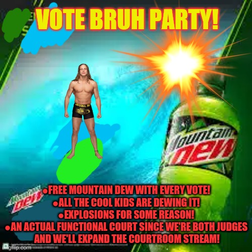 Everyone gets free propaganda day! | VOTE BRUH PARTY! ●FREE MOUNTAIN DEW WITH EVERY VOTE!
●ALL THE COOL KIDS ARE DEWING IT!
●EXPLOSIONS FOR SOME REASON!
●AN ACTUAL FUNCTIONAL COURT SINCE WE'RE BOTH JUDGES
 AND WE'LL EXPAND THE COURTROOM STREAM! | image tagged in vote,bruh party,just do it,mountain dew,political,propaganda | made w/ Imgflip meme maker