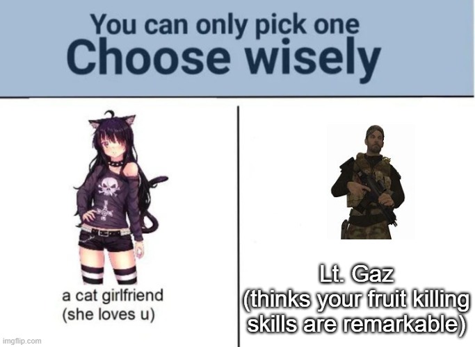 Choose wisely | Lt. Gaz
(thinks your fruit killing skills are remarkable) | image tagged in choose wisely | made w/ Imgflip meme maker
