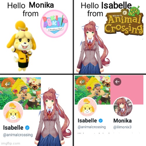 Rise of the Virtual Twitter Accounts | Isabelle; Monika | image tagged in hello person from,twitter,animal crossing,doki doki literature club | made w/ Imgflip meme maker