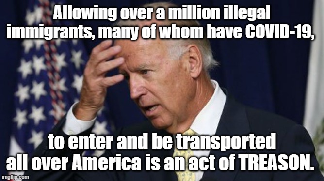 Joe Biden meme 2021 - Allowing over a million illegal immigrants, many of whom have COVID-19, to enter America is TREASON. |  Allowing over a million illegal immigrants, many of whom have COVID-19, to enter and be transported all over America is an act of TREASON. | image tagged in joe biden worries,memes,political memes,american politics,illegal immigration,democrats | made w/ Imgflip meme maker