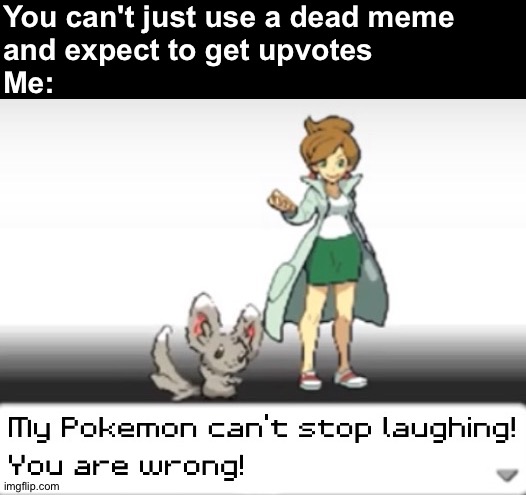 Just giving this one last try. If I see a hate comment I will disable comments | You can't just use a dead meme 
and expect to get upvotes
Me: | image tagged in my pokemon can't stop laughing you are wrong | made w/ Imgflip meme maker