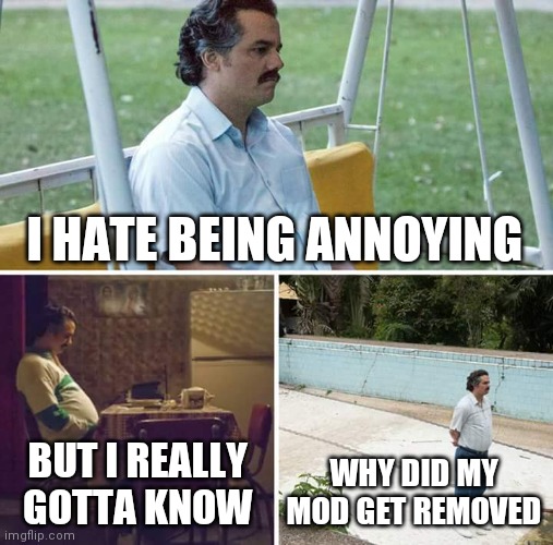;( | I HATE BEING ANNOYING; BUT I REALLY GOTTA KNOW; WHY DID MY MOD GET REMOVED | image tagged in memes,sad pablo escobar | made w/ Imgflip meme maker