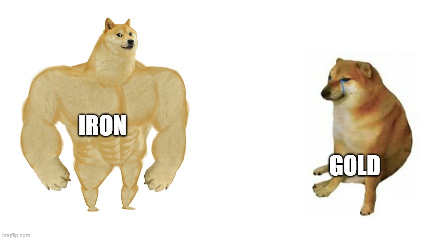 Buff Doge vs Crying Cheems |  IRON; GOLD | image tagged in buff doge vs crying cheems | made w/ Imgflip meme maker