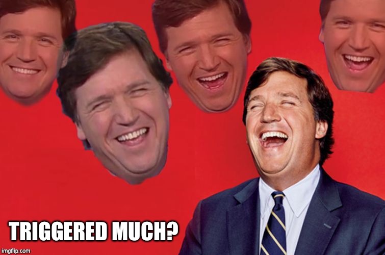 Tucker laughs at libs | TRIGGERED MUCH? | image tagged in tucker laughs at libs | made w/ Imgflip meme maker