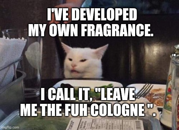 Salad cat |  I'VE DEVELOPED MY OWN FRAGRANCE. J M; I CALL IT, "LEAVE ME THE FUH COLOGNE ". | image tagged in salad cat | made w/ Imgflip meme maker