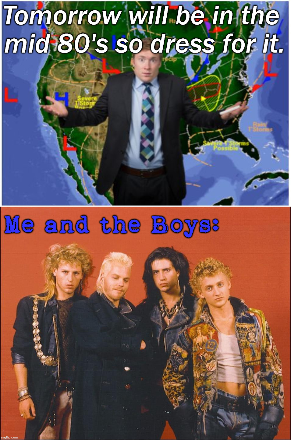 Tomorrow will be in the 
mid 80's so dress for it. Me and the Boys: | image tagged in confused weatherman | made w/ Imgflip meme maker