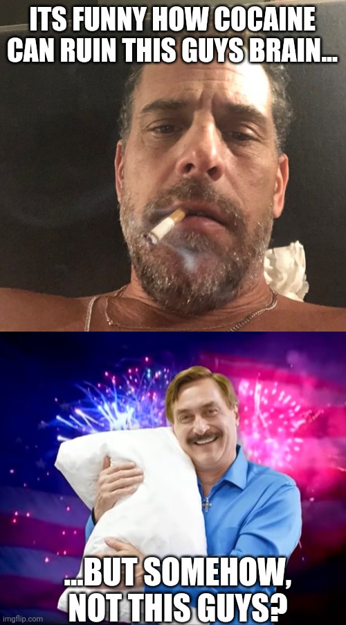 Cocaine is funny like that, I guess?  Just ask THEM. | ITS FUNNY HOW COCAINE CAN RUIN THIS GUYS BRAIN... ...BUT SOMEHOW, NOT THIS GUYS? | image tagged in hunter biden,mike lindell | made w/ Imgflip meme maker