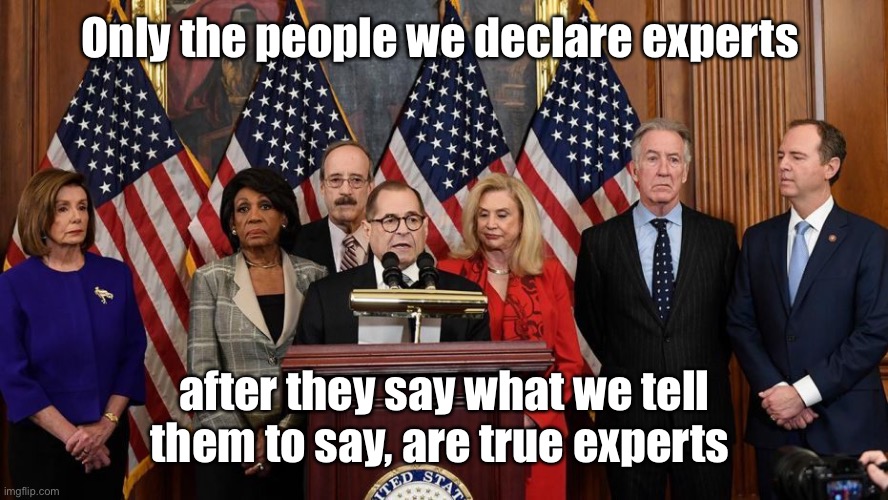 House Democrats | Only the people we declare experts after they say what we tell them to say, are true experts | image tagged in house democrats | made w/ Imgflip meme maker