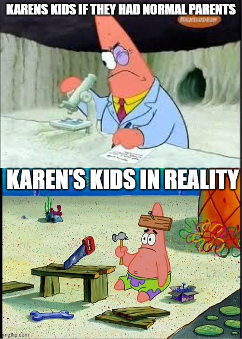 hate karens | KARENS KIDS IF THEY HAD NORMAL PARENTS; KAREN'S KIDS IN REALITY | image tagged in patrick smart dumb,karen | made w/ Imgflip meme maker