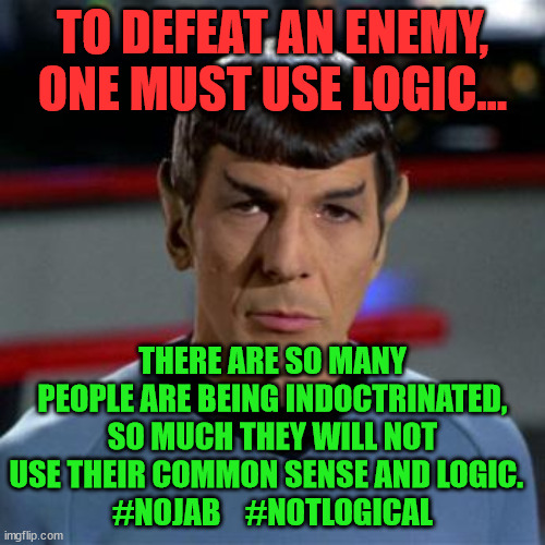Spock | TO DEFEAT AN ENEMY, ONE MUST USE LOGIC... THERE ARE SO MANY PEOPLE ARE BEING INDOCTRINATED, SO MUCH THEY WILL NOT USE THEIR COMMON SENSE AND LOGIC.  
#NOJAB    #NOTLOGICAL | image tagged in spock | made w/ Imgflip meme maker