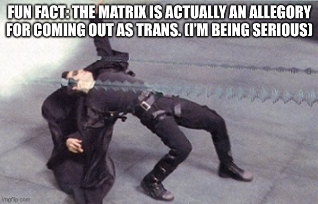 neo dodging a bullet matrix | FUN FACT: THE MATRIX IS ACTUALLY AN ALLEGORY FOR COMING OUT AS TRANS. (I’M BEING SERIOUS) | image tagged in neo dodging a bullet matrix | made w/ Imgflip meme maker