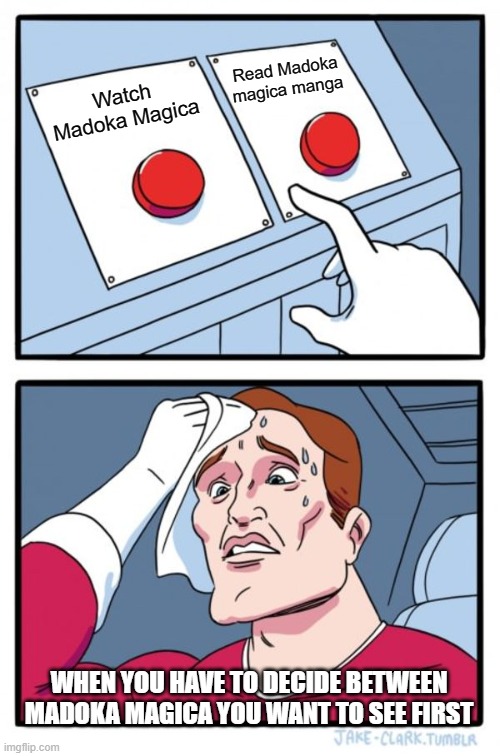 Two Buttons | Read Madoka magica manga; Watch Madoka Magica; WHEN YOU HAVE TO DECIDE BETWEEN MADOKA MAGICA YOU WANT TO SEE FIRST | image tagged in memes,two buttons | made w/ Imgflip meme maker