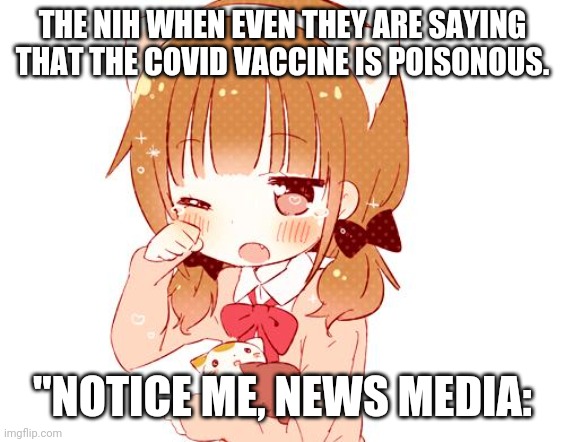 Link is in the comments | THE NIH WHEN EVEN THEY ARE SAYING THAT THE COVID VACCINE IS POISONOUS. "NOTICE ME, NEWS MEDIA: | image tagged in senpai notice me | made w/ Imgflip meme maker