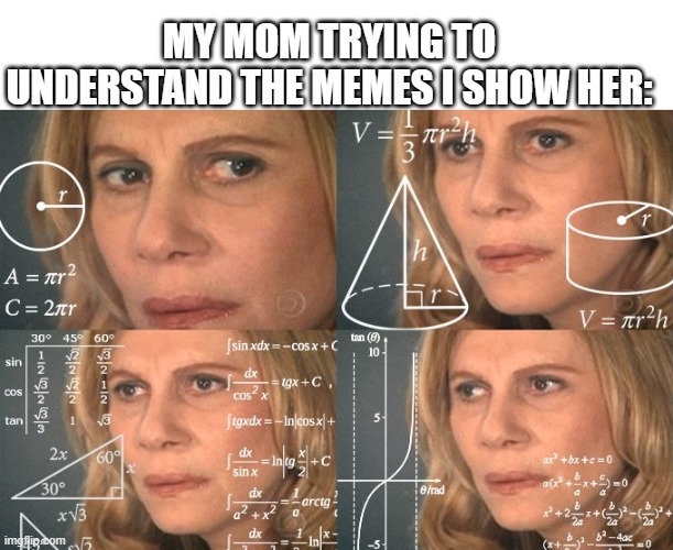 "Do you get it now mom?" | MY MOM TRYING TO UNDERSTAND THE MEMES I SHOW HER: | image tagged in calculating meme | made w/ Imgflip meme maker