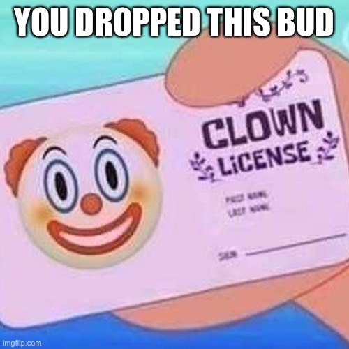 Nut | YOU DROPPED THIS BUD | image tagged in clown license | made w/ Imgflip meme maker