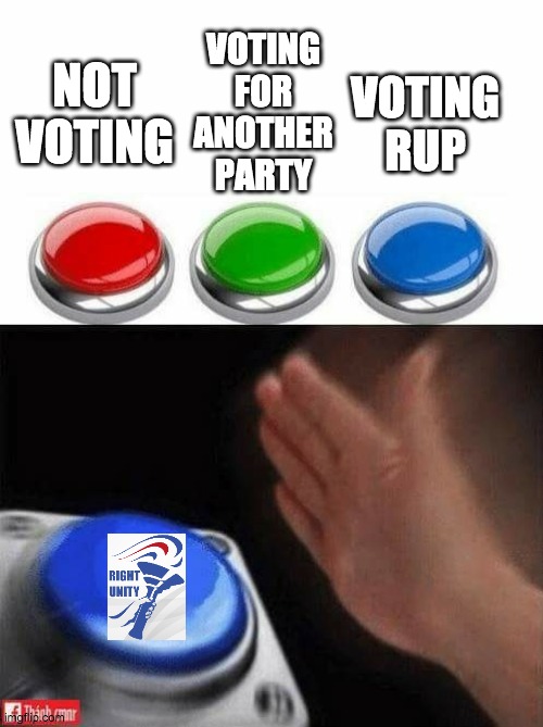 Vote PR1CE for President and Pollard for Head of Congress! Go RUP! | VOTING FOR ANOTHER PARTY; VOTING RUP; NOT VOTING | image tagged in three buttons,blank nut button,memes,politics,election,campaign | made w/ Imgflip meme maker