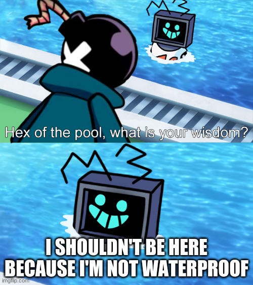Hex of the pool | I SHOULDN'T BE HERE BECAUSE I'M NOT WATERPROOF | image tagged in hex of the pool | made w/ Imgflip meme maker