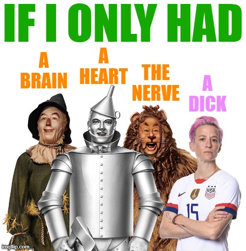 Dude, you're not a dude. | IF I ONLY HAD; A
BRAIN; A
HEART; THE
NERVE; A
DICK | image tagged in megan rapinoe,wizard of oz,memes | made w/ Imgflip meme maker