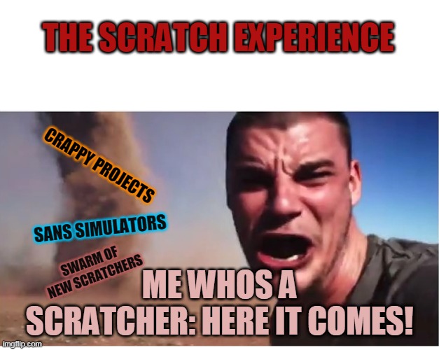 Here it come meme | THE SCRATCH EXPERIENCE; CRAPPY PROJECTS; SANS SIMULATORS; SWARM OF NEW SCRATCHERS; ME WHOS A SCRATCHER: HERE IT COMES! | image tagged in why are you reading this,oh wow are you actually reading these tags | made w/ Imgflip meme maker