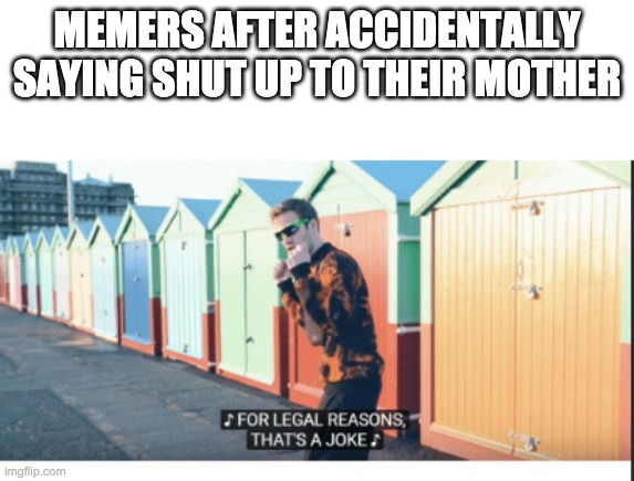 For Legal Reasons That's A joke | MEMERS AFTER ACCIDENTALLY SAYING SHUT UP TO THEIR MOTHER | image tagged in for legal reasons that's a joke | made w/ Imgflip meme maker