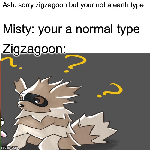 Ash: sorry zigzagoon but your not a earth type Misty: your a normal type Zigzagoon: | made w/ Imgflip meme maker