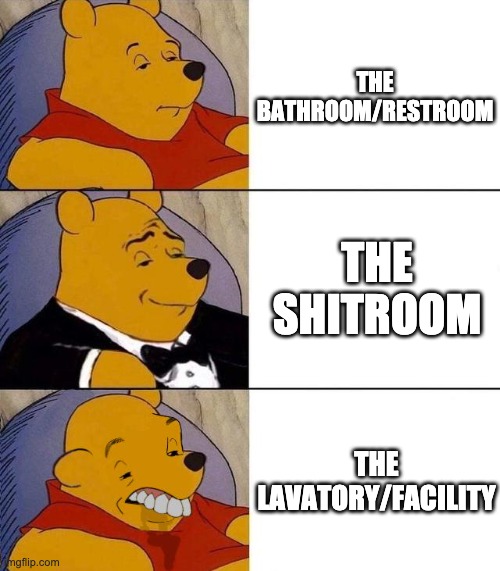 bathroom names | THE BATHROOM/RESTROOM; THE SHITROOM; THE LAVATORY/FACILITY | image tagged in best better blurst,shit,bathroom | made w/ Imgflip meme maker