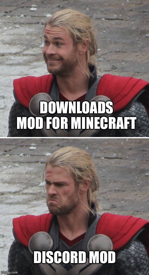 MauLer has entered the chat | DOWNLOADS MOD FOR MINECRAFT; DISCORD MOD | image tagged in thor happy then sad,funny,memes,gaming | made w/ Imgflip meme maker