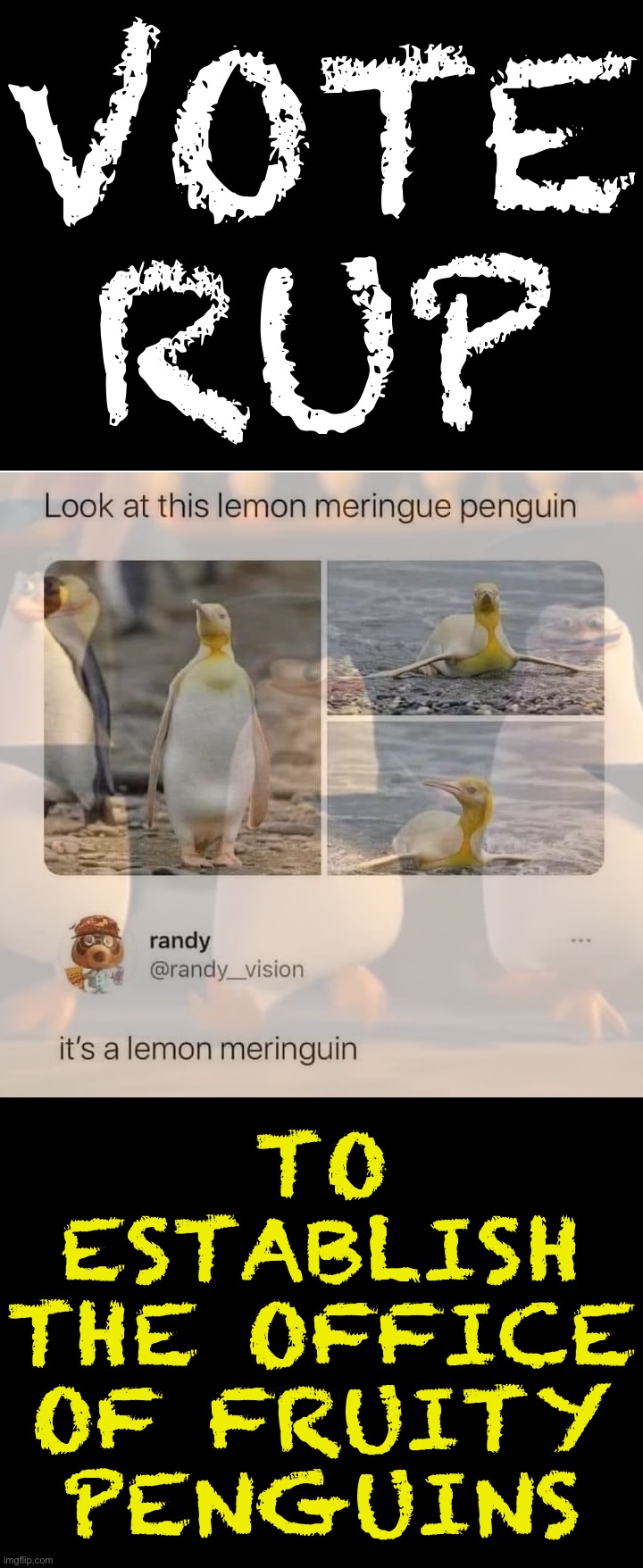 Well boys, we did it. We made a nonsense proposal on Free Propaganda Day ;) | VOTE RUP; TO ESTABLISH THE OFFICE OF FRUITY PENGUINS | image tagged in lemon meringuin,office,of,fruity,penguins,well boys we did it | made w/ Imgflip meme maker