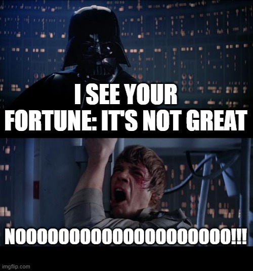Darth Vader Tells Fortunes?? | I SEE YOUR FORTUNE: IT'S NOT GREAT; NOOOOOOOOOOOOOOOOOOOO!!! | image tagged in memes,star wars no | made w/ Imgflip meme maker