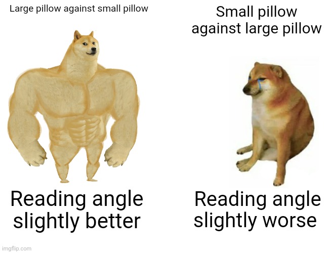 Ergonomics 101 | Large pillow against small pillow; Small pillow against large pillow; Reading angle slightly better; Reading angle slightly worse | image tagged in memes,buff doge vs cheems | made w/ Imgflip meme maker